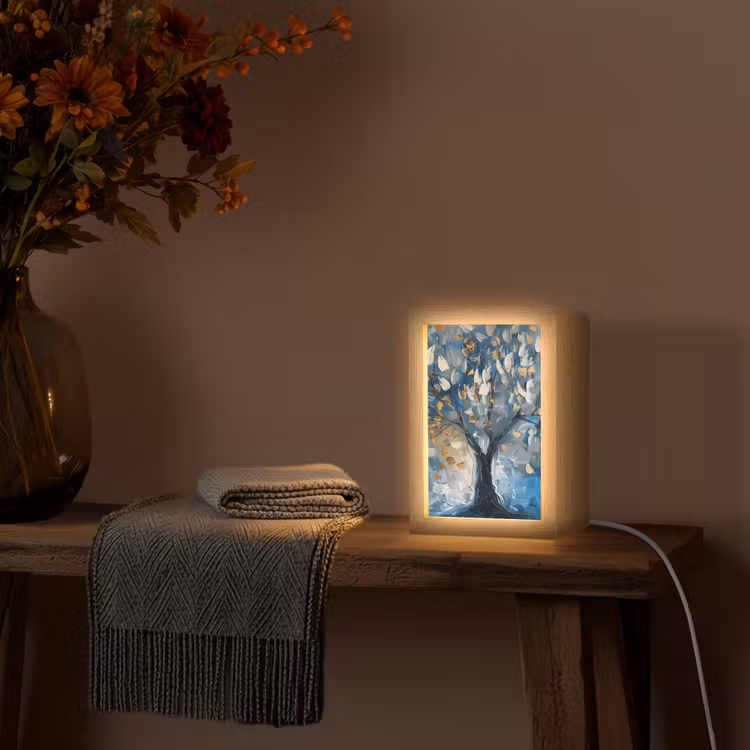 Boom - Blauw - Goud - Abstract Light Box met kabel (Tafellamp) klein -sfeer4