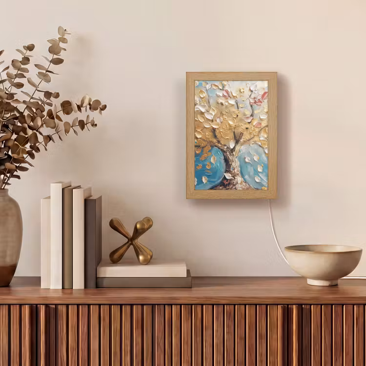 Boom - Blauw - Goud - Abstract - Modern Light Box met kabel (Tafellamp) klein -sfeer2