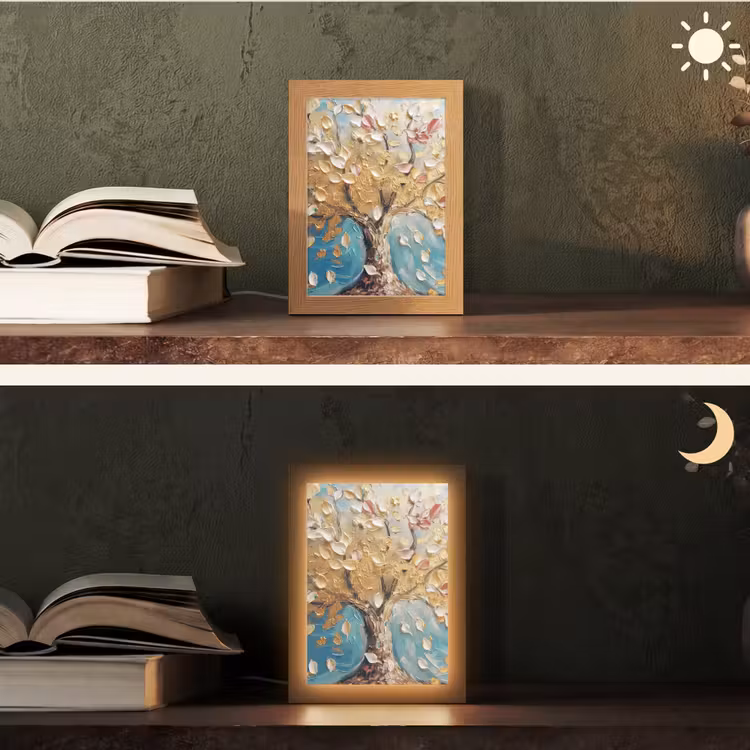 Boom - Blauw - Goud - Abstract - Modern Light Box met kabel (Tafellamp) klein -sfeer3