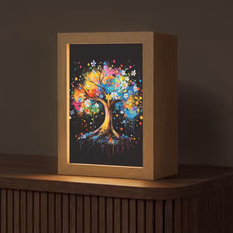 Boom - Kleurrijk - Bloemen - Zwart Light Box met kabel (Tafellamp) klein -z3d_website