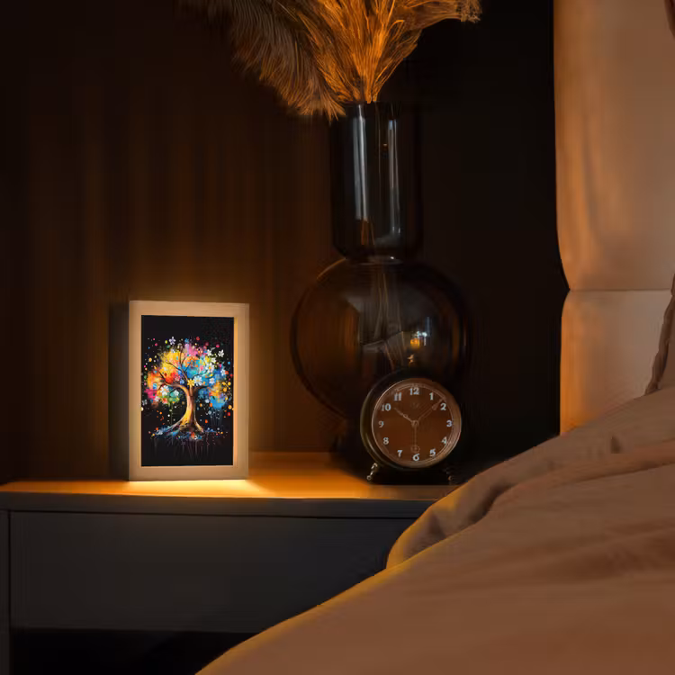 Boom - Kleurrijk - Bloemen - Zwart Light Box met kabel (Tafellamp) klein -sfeer1