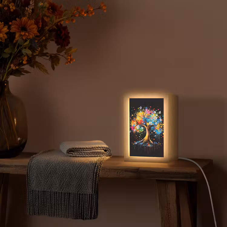 Boom - Kleurrijk - Bloemen - Zwart Light Box met kabel (Tafellamp) klein -sfeer4