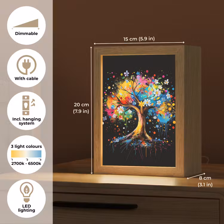 Boom - Kleurrijk - Bloemen - Zwart Light Box met kabel (Tafellamp) klein -USP_EN