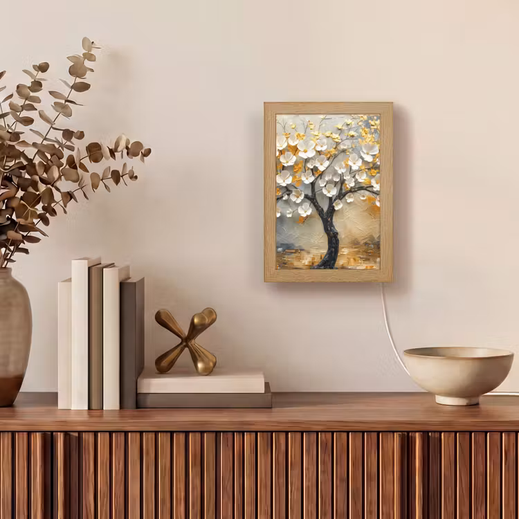 Boom - Bloemen - Goud - Beige Light Box met kabel (Tafellamp) klein -sfeer2