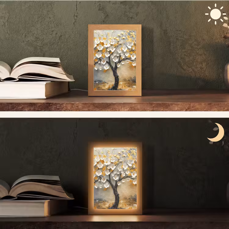 Boom - Bloemen - Goud - Beige Light Box met kabel (Tafellamp) klein -sfeer3