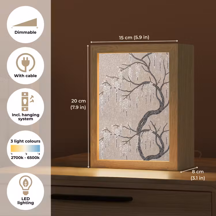 Boom - Bloemen - Mozaïek - Kunst - Wit Light Box met kabel (Tafellamp) klein -USP_EN