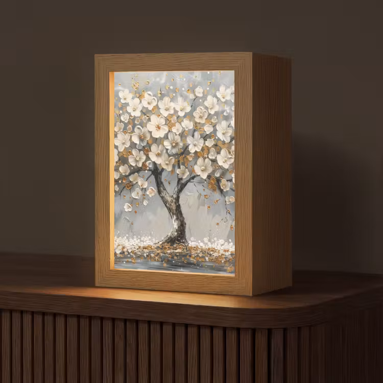 Boom - Goud - Bloemen - Abstract - Kunst Light Box met kabel (Tafellamp) klein -z3d_website