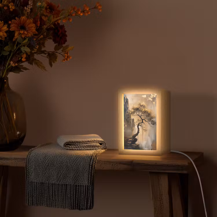 Boom - Goud - Landschap - Verf Light Box met kabel (Tafellamp) klein -sfeer4