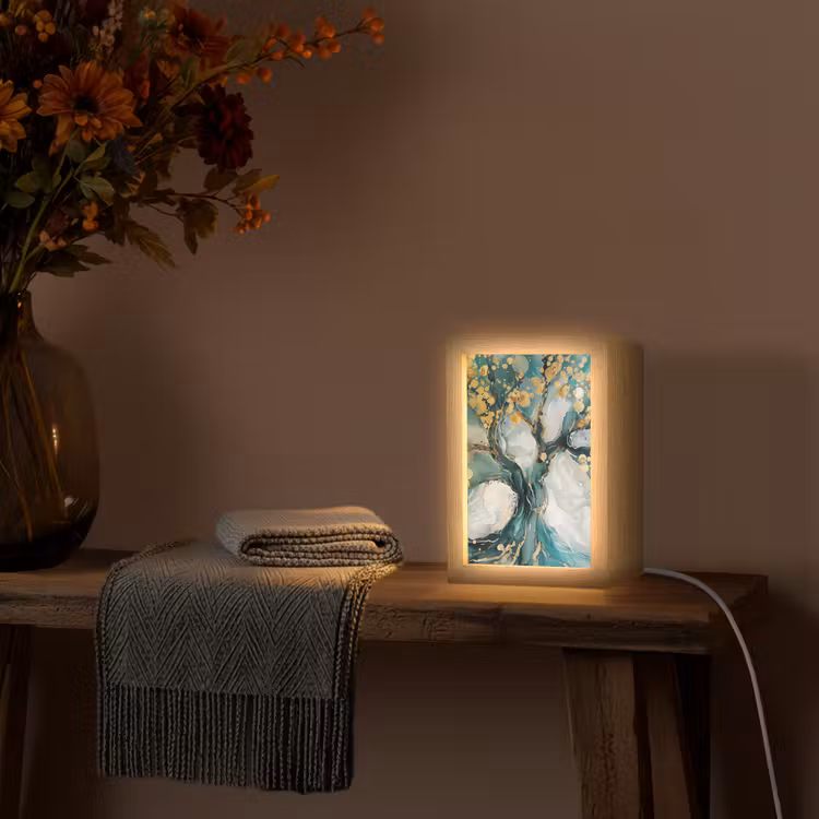 Boom - Modern - Verflook - Turquoise - Goud Light Box met kabel (Tafellamp) klein -sfeer4