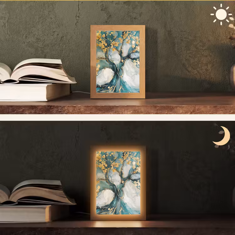 Boom - Modern - Verflook - Turquoise - Goud Light Box met kabel (Tafellamp) klein -sfeer3