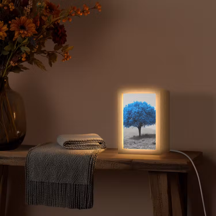 Boom - Natuur - Blauw - Zwart wit Light Box met kabel (Tafellamp) klein -sfeer4