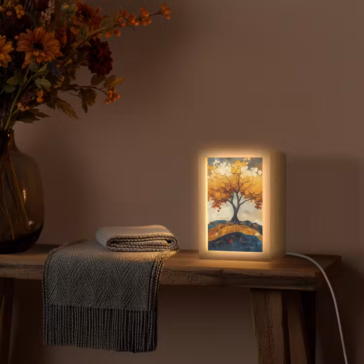 Boom - Natuur - Goud - Modern Light Box met kabel (Tafellamp) klein -sfeer4