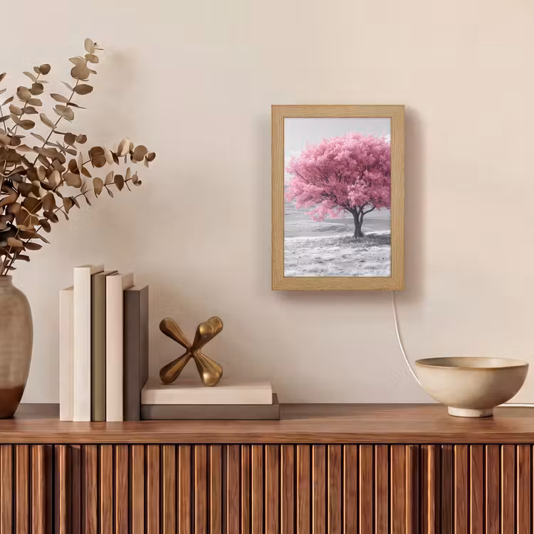 Boom - Natuur - Roze - Zwart wit Light Box met kabel (Tafellamp) klein -sfeer2