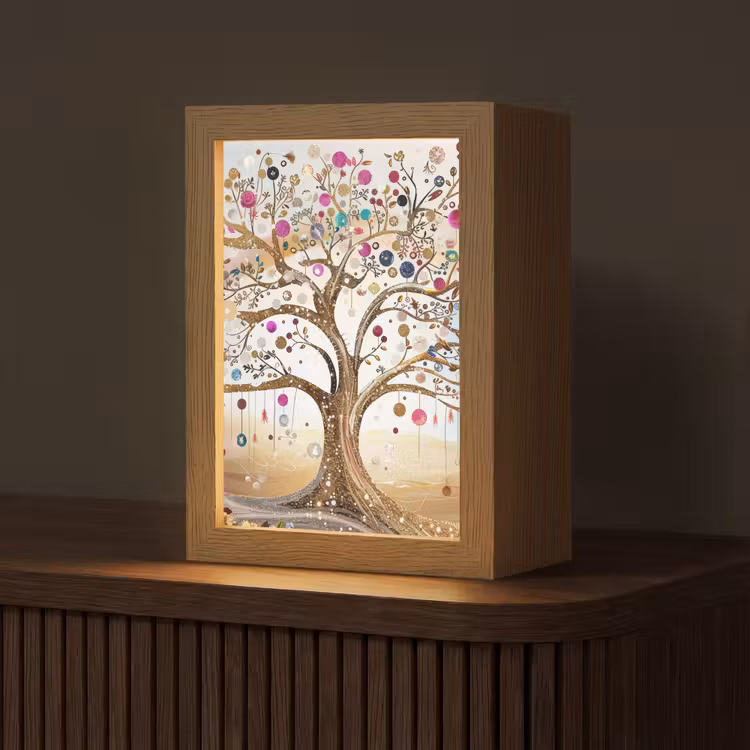 Levensboom - Goud - Kleurrijk - Abstract - Aesthetic Light Box met kabel (Tafellamp) klein -z3d_website
