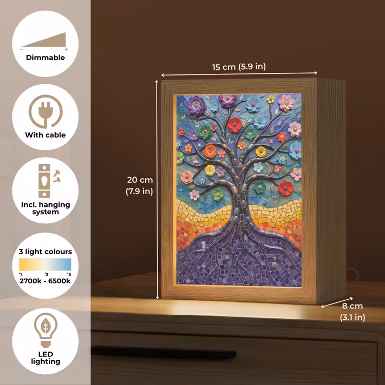 Levensboom - Mozaïek - Bloemen - Kleurrijk - Vrolijk Light Box met kabel (Tafellamp) klein -USP_EN