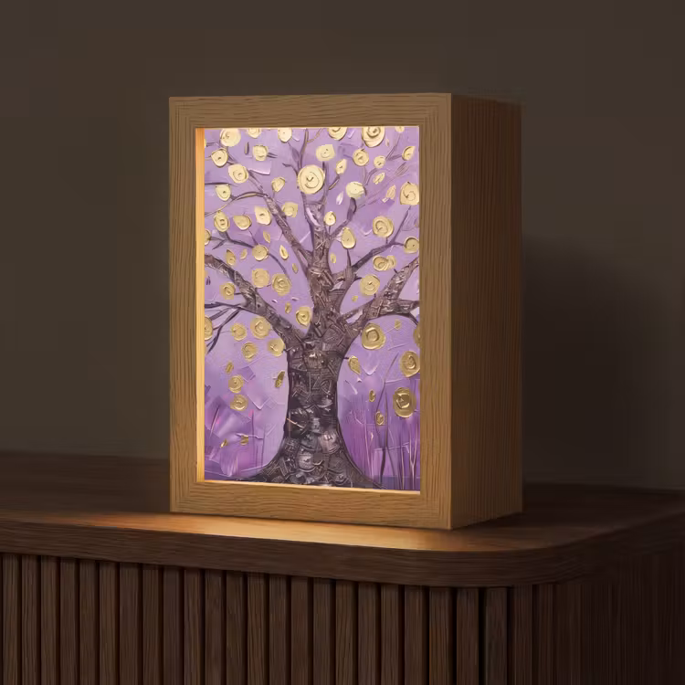 Levensboom - Boom - Paars - Goud - Modern Light Box met kabel (Tafellamp) klein -z3d_website