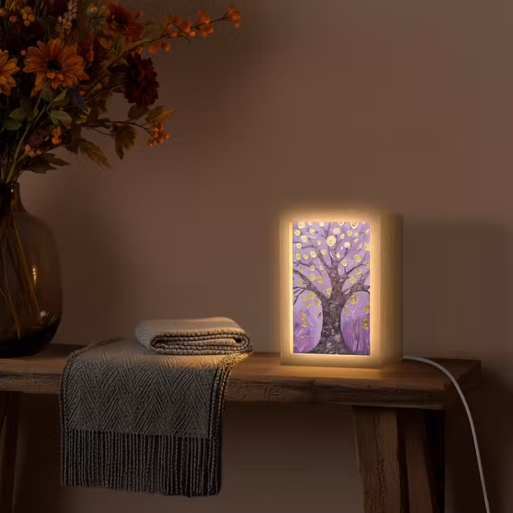 Levensboom - Boom - Paars - Goud - Modern Light Box met kabel (Tafellamp) klein -sfeer4