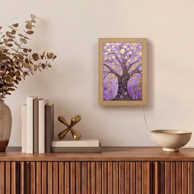 Levensboom - Boom - Paars - Goud - Modern Light Box met kabel (Tafellamp) klein -sfeer2