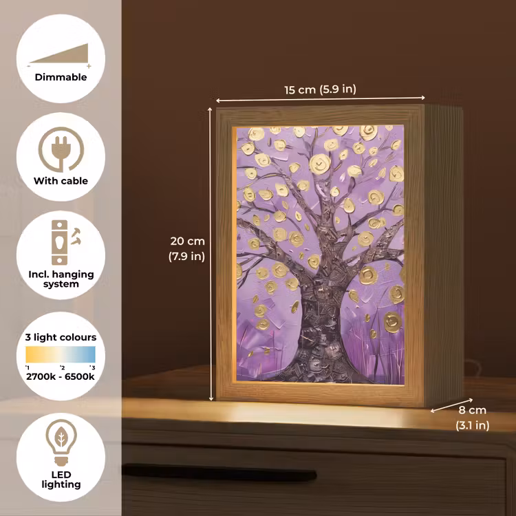 Levensboom - Boom - Paars - Goud - Modern Light Box met kabel (Tafellamp) klein -USP_EN