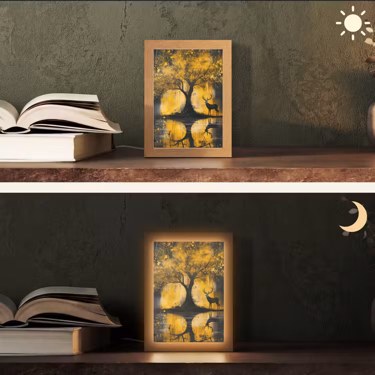 Boom - Verflook - Hert - Natuur - Goud Light Box met kabel (Tafellamp) klein -sfeer3
