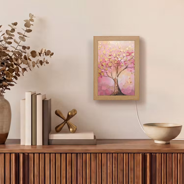 Boom - Roze - Goud - Modern Light Box met kabel (Tafellamp) klein -sfeer2