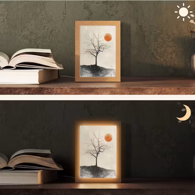Boom - Zon - Modern - Landschap Light Box met kabel (Tafellamp) klein -sfeer3