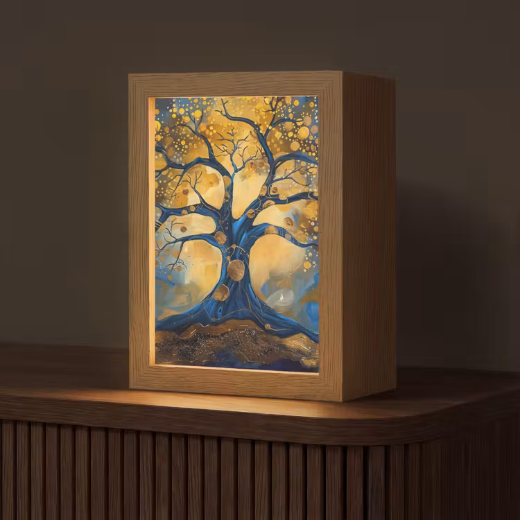 Boom - Levensboom - Blauw - Goud Light Box met kabel (Tafellamp) klein -z3d_website