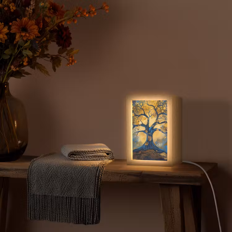 Boom - Levensboom - Blauw - Goud Light Box met kabel (Tafellamp) klein -sfeer4