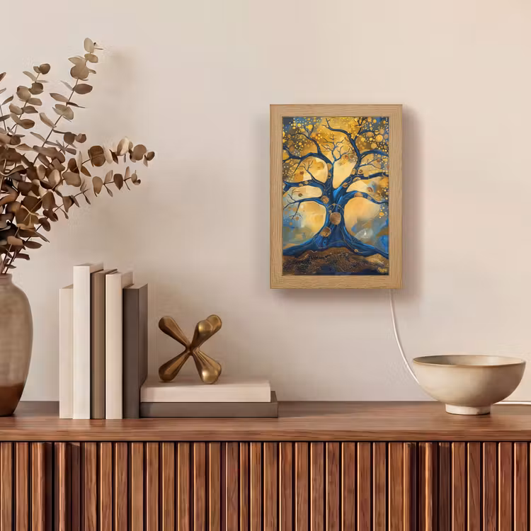 Boom - Levensboom - Blauw - Goud Light Box met kabel (Tafellamp) klein -sfeer2