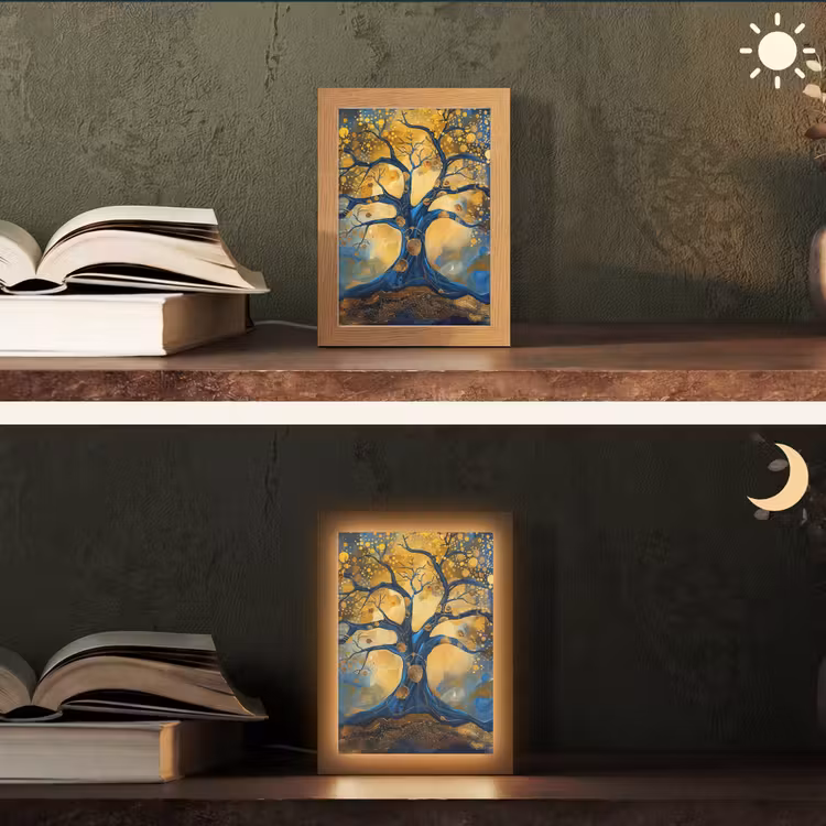 Boom - Levensboom - Blauw - Goud Light Box met kabel (Tafellamp) klein -sfeer3