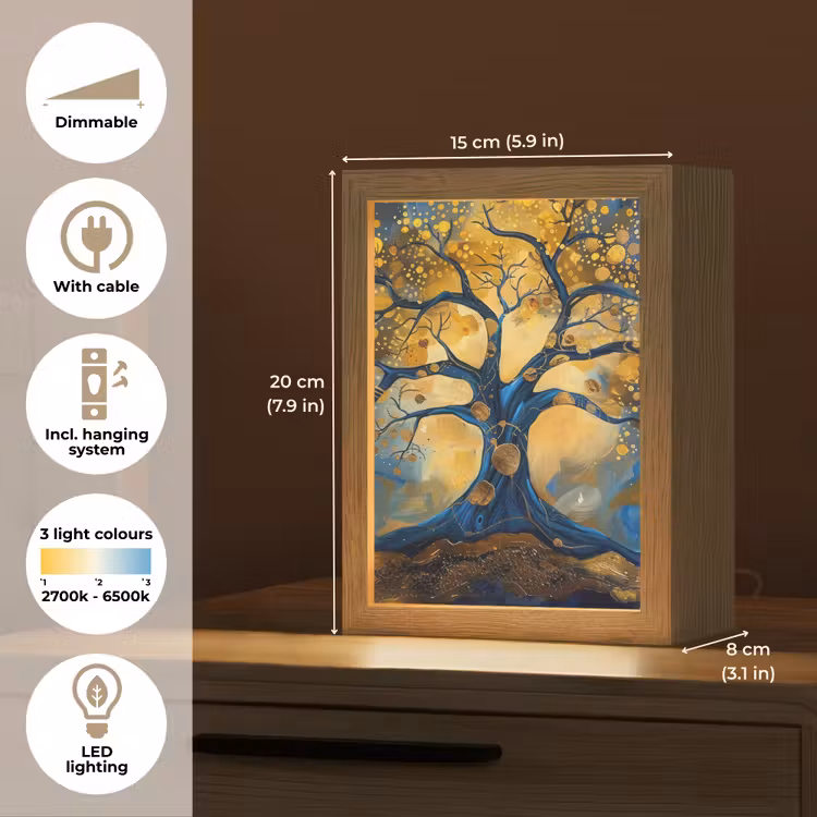 Boom - Levensboom - Blauw - Goud Light Box met kabel (Tafellamp) klein -USP_EN