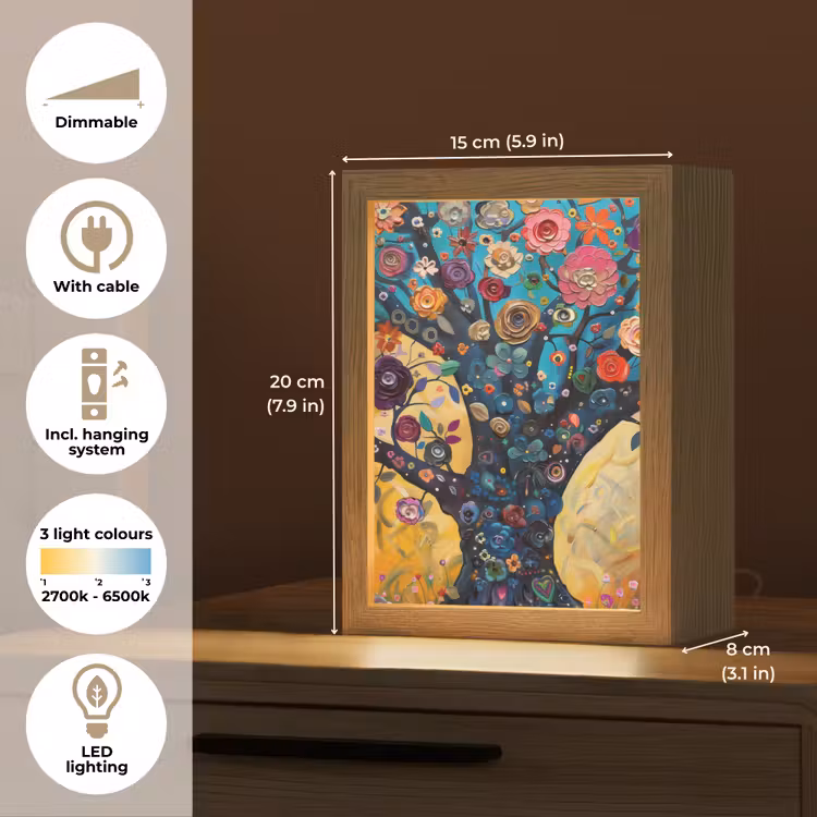Boom - Levensboom - Kleurrijk - Bloemen - Modern Light Box met kabel (Tafellamp) klein -USP_EN