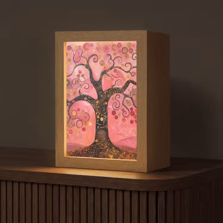 Boom - Levensboom - Roze - Goud Light Box met kabel (Tafellamp) klein -z3d_website