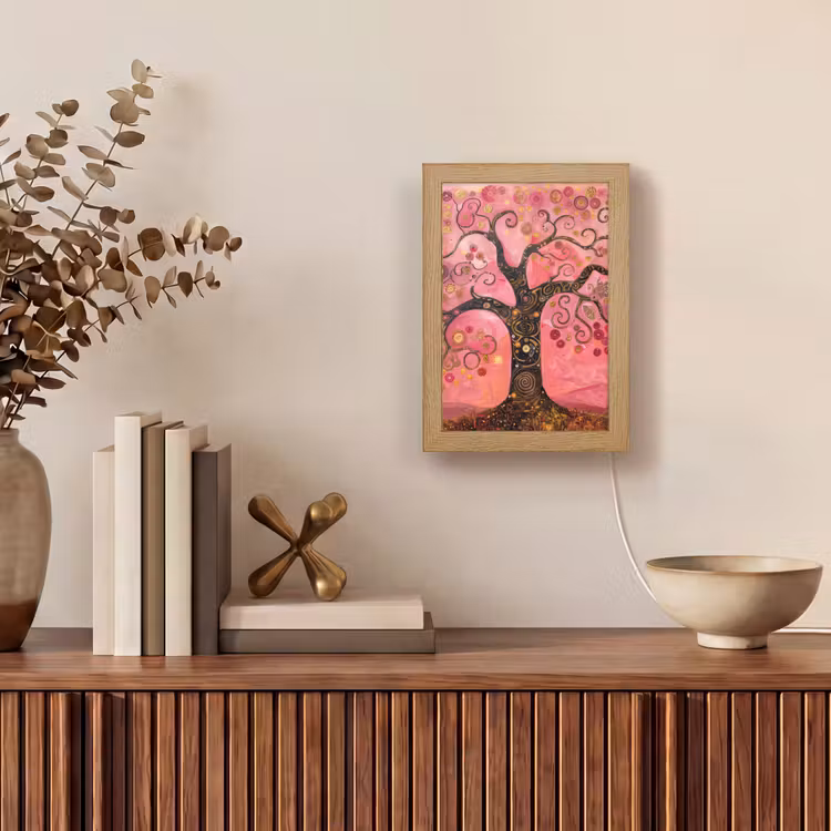 Boom - Levensboom - Roze - Goud Light Box met kabel (Tafellamp) klein -sfeer2