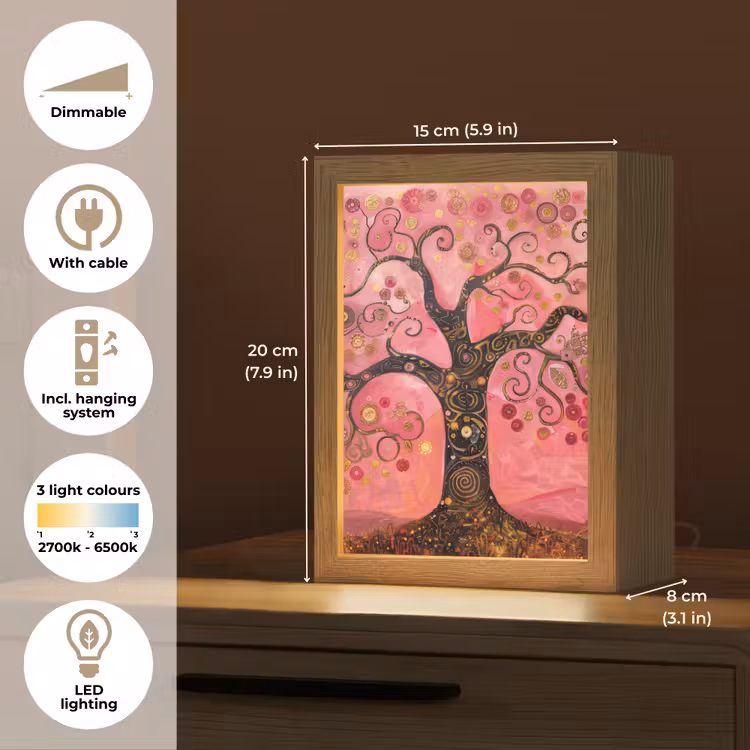 Boom - Levensboom - Roze - Goud Light Box met kabel (Tafellamp) klein -USP_EN