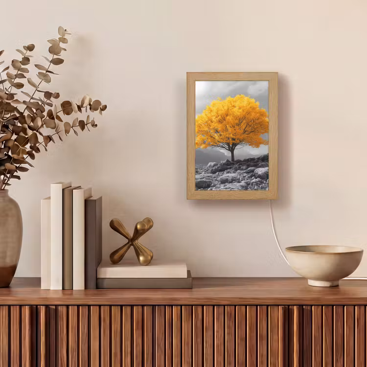 Boom - Geel - Natuur - Zwart wit Light Box met kabel (Tafellamp) klein -sfeer2