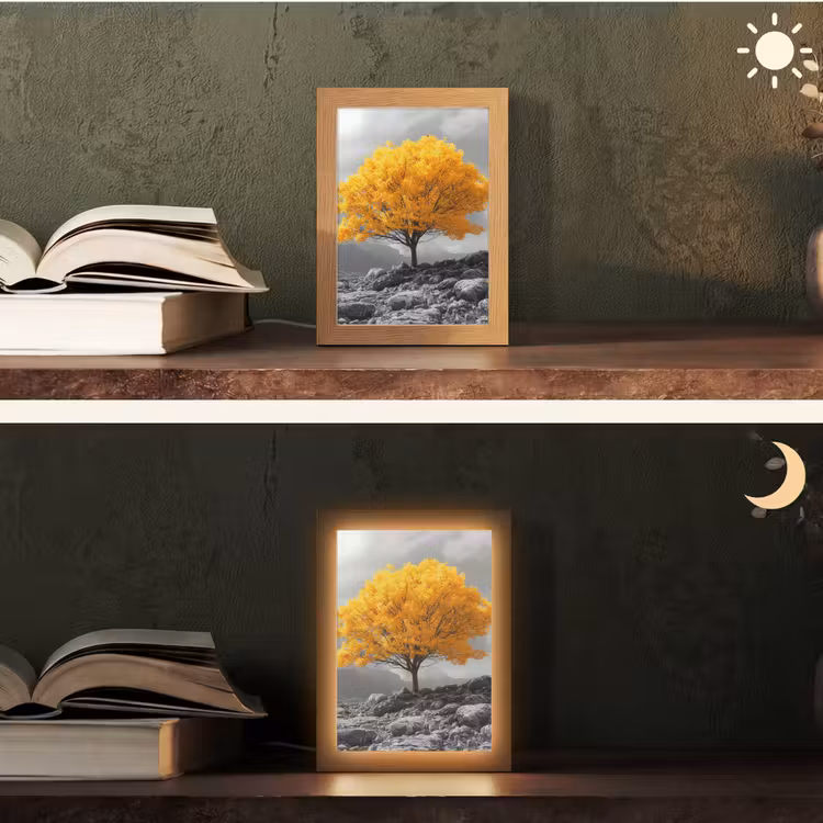 Boom - Geel - Natuur - Zwart wit Light Box met kabel (Tafellamp) klein -sfeer3