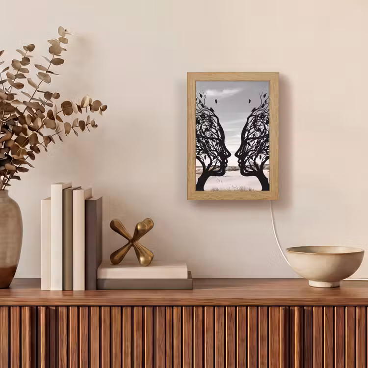 Bomen - Gezicht - Bladeren - Moderne kunst Light Box met kabel (Tafellamp) klein -sfeer2
