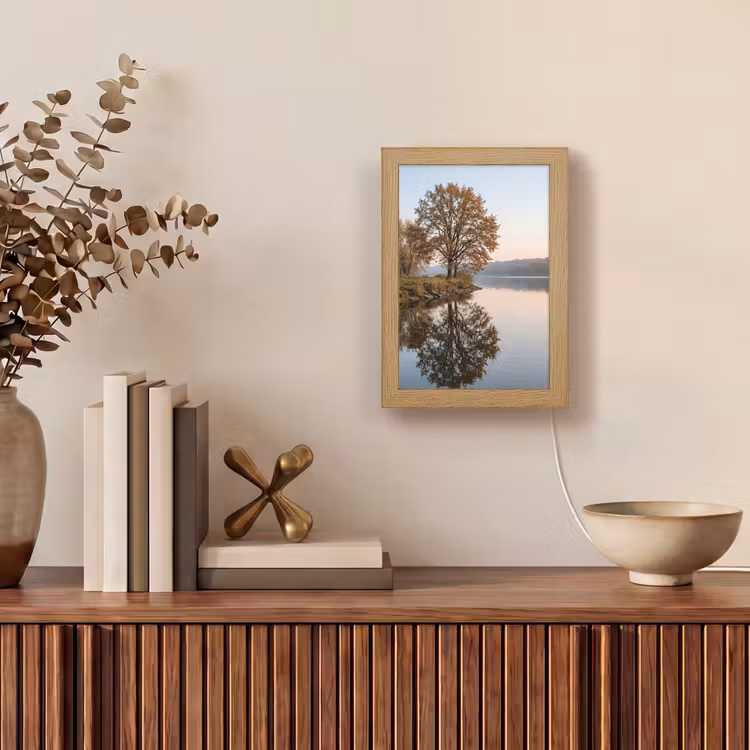 Bomen - Reflectie - Water - Zonsopgang - Serene Light Box met kabel (Tafellamp) klein -sfeer2