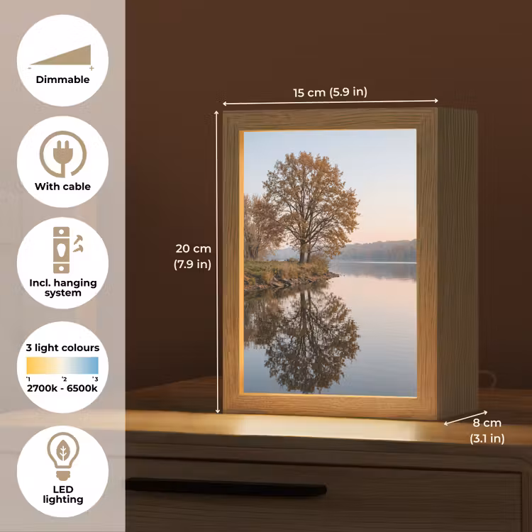 Bomen - Reflectie - Water - Zonsopgang - Serene Light Box met kabel (Tafellamp) klein -USP_EN