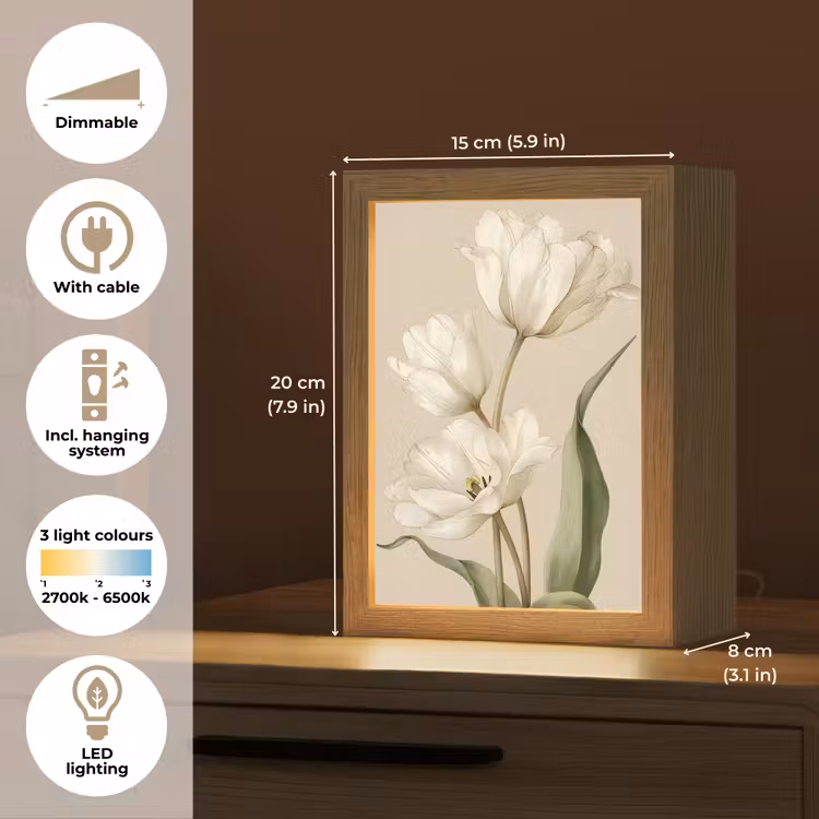 Tulpen - Wit - Bladeren Light Box met kabel (Tafellamp) klein -USP_EN