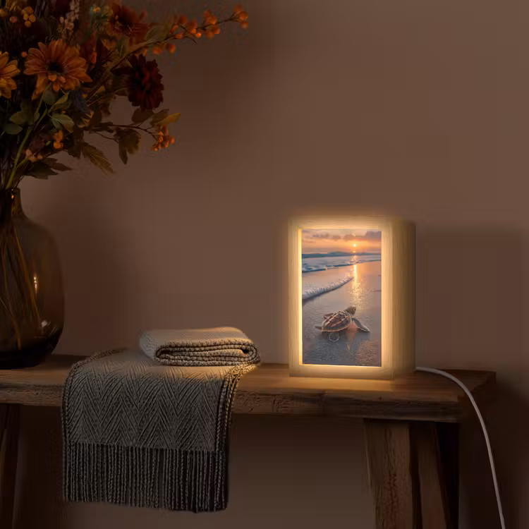 Schildpad - strand - Zonsondergang Light Box met kabel (Tafellamp) klein -sfeer4