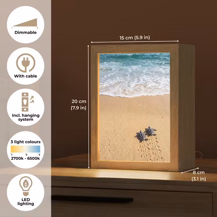 Schildpad - Jong - Strand - Oceaan - Blauw Light Box met kabel (Tafellamp) klein -USP_EN
