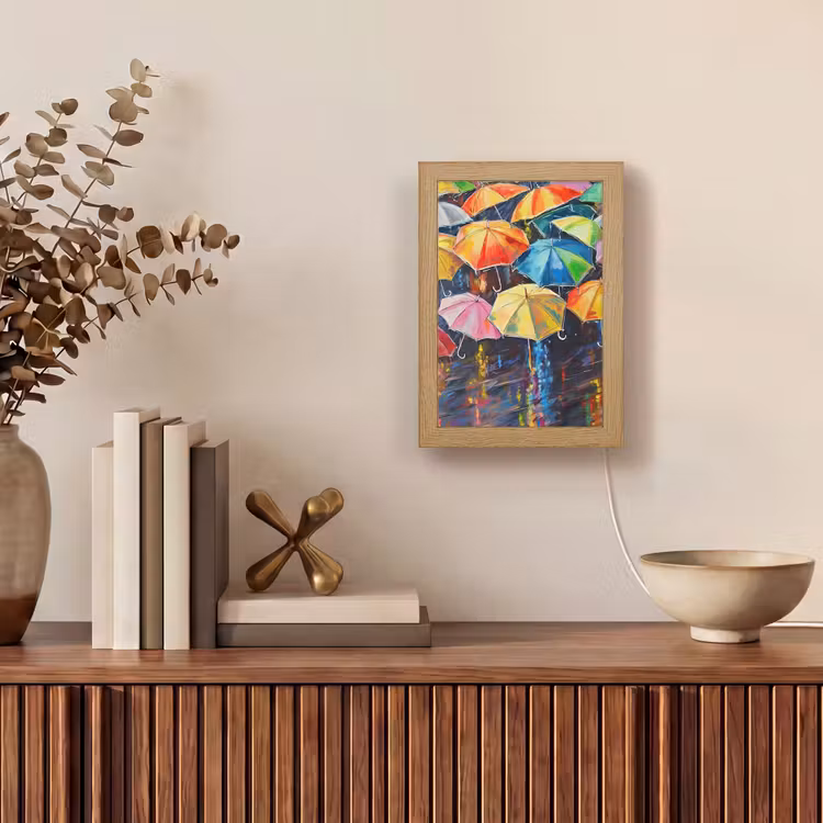Paraplu's - Schilderij - Kunst - Regenboog Light Box met kabel (Tafellamp) klein -sfeer2