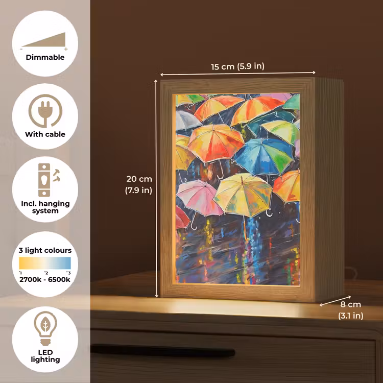 Paraplu's - Schilderij - Kunst - Regenboog Light Box met kabel (Tafellamp) klein -USP_EN