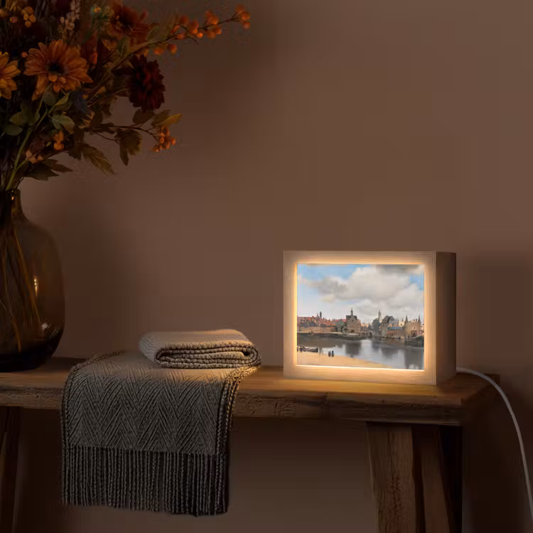 Vermeer - Stad - Oude meesters - Kunst Light Box met kabel (Tafellamp) klein -sfeer4