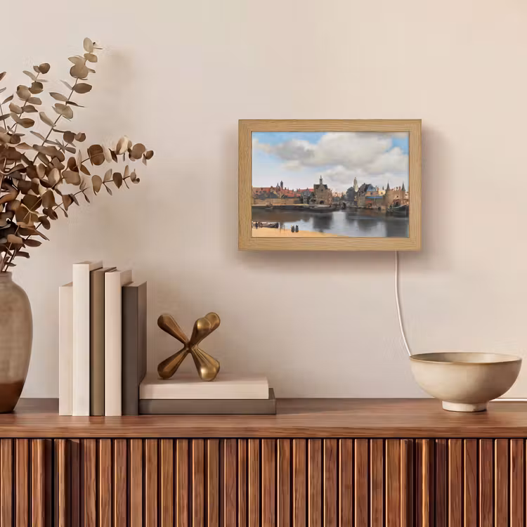 Vermeer - Stad - Oude meesters - Kunst Light Box met kabel (Tafellamp) klein -sfeer2