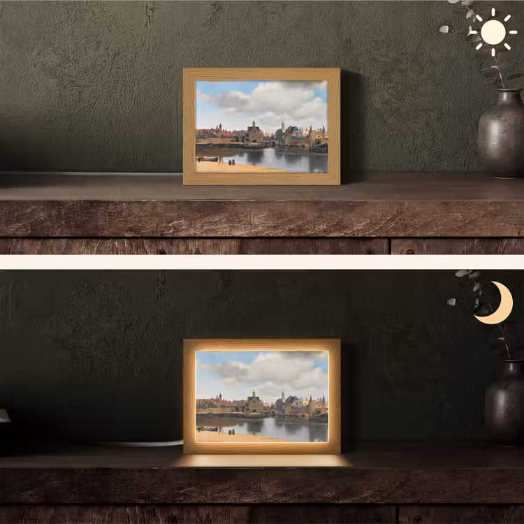 Vermeer - Stad - Oude meesters - Kunst Light Box met kabel (Tafellamp) klein -sfeer3