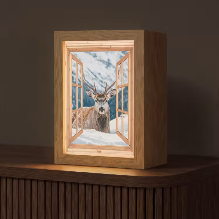 Doorkijk - Hert - Landschap - Winter - Natuur - Dieren - Bergen Light Box met kabel (Tafellamp) klein -z3d_website