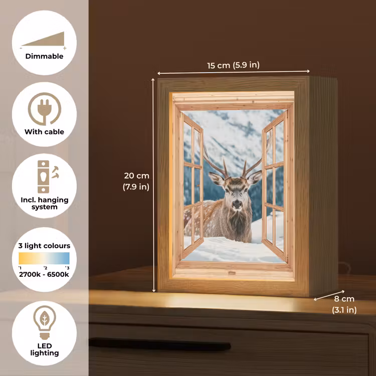 Doorkijk - Hert - Landschap - Winter - Natuur - Dieren - Bergen Light Box met kabel (Tafellamp) klein -USP_EN